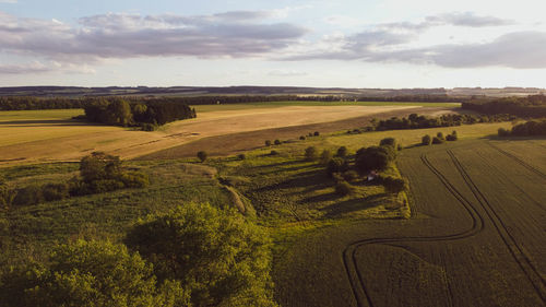 High angle view of agricultural field against sky