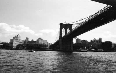 Bridge over river by buildings against sky