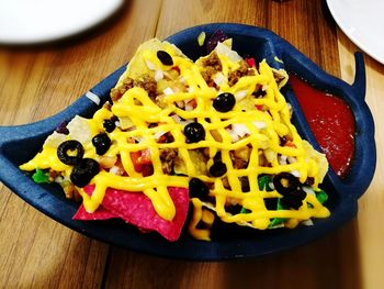 High angle view of food in plate on table