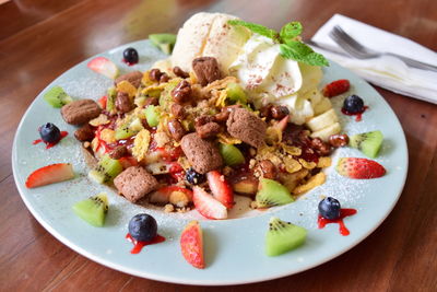 High angle view of breakfast served in plate