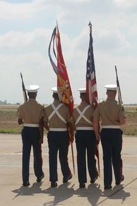 Rear view full length of military men marching with flags against sky