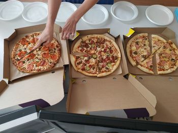 High angle view of pizza on table