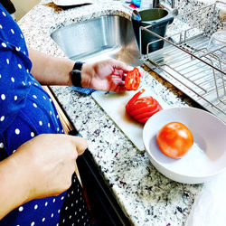 High angle view of woman preparing food