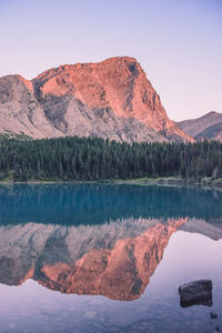 Scenic view of lake and mountains against clear sky