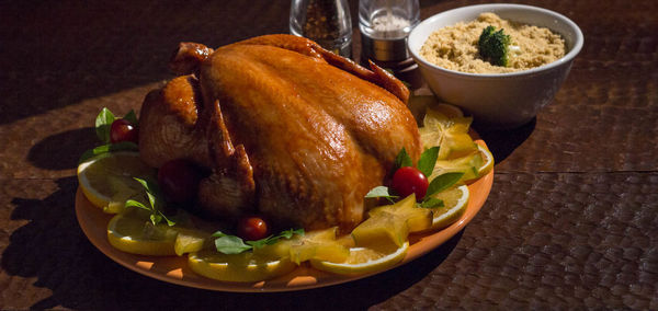 Close-up of turkey meat in plate on table