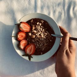 High angle view of woman holding bowl