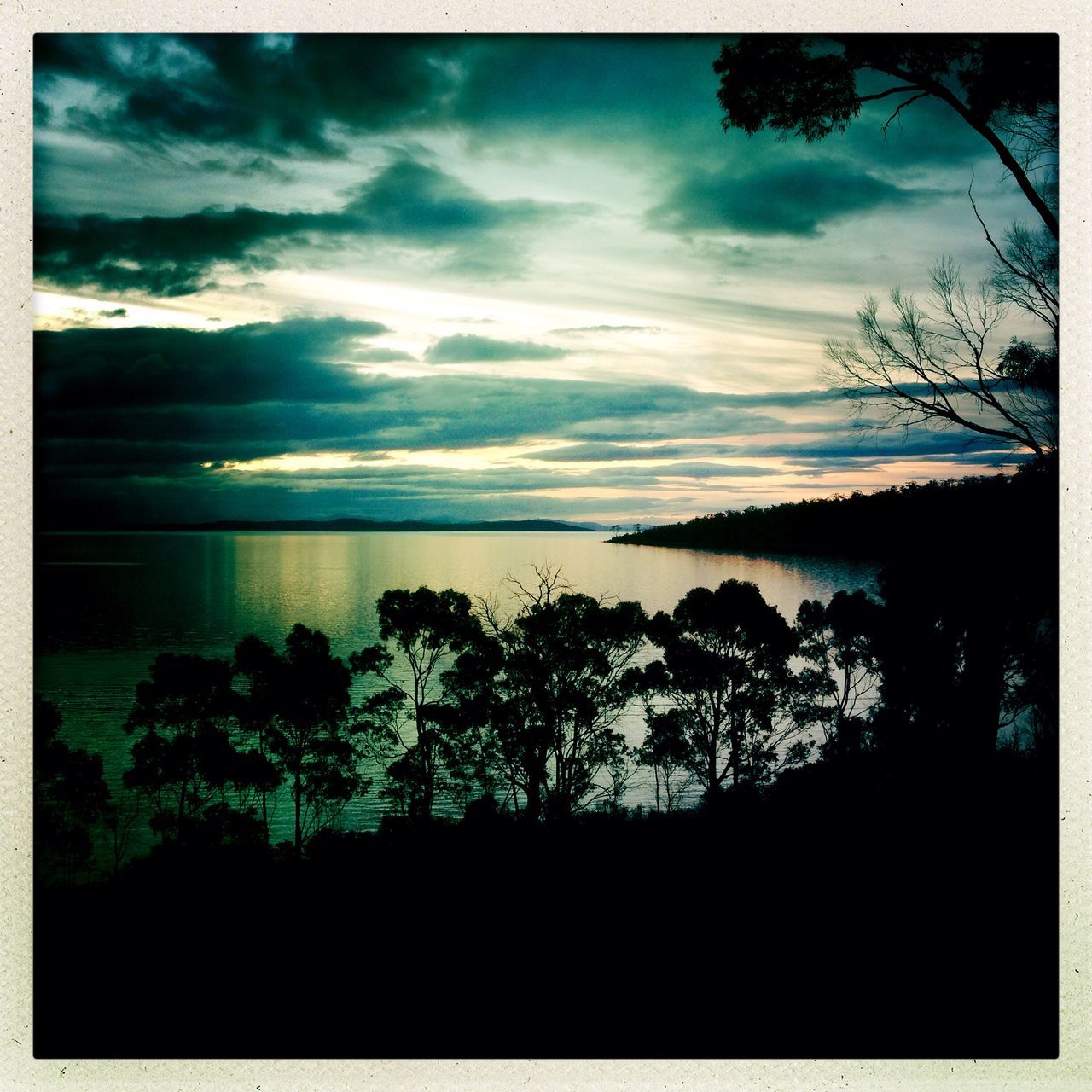 transfer print, sky, tranquil scene, tranquility, scenics, beauty in nature, auto post production filter, water, tree, cloud - sky, nature, silhouette, sea, cloud, horizon over water, sunset, idyllic, growth, cloudy, dusk