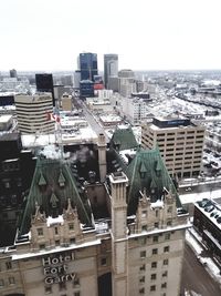 High angle view of buildings in city against sky