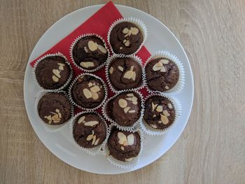 High angle view of cupcakes on table