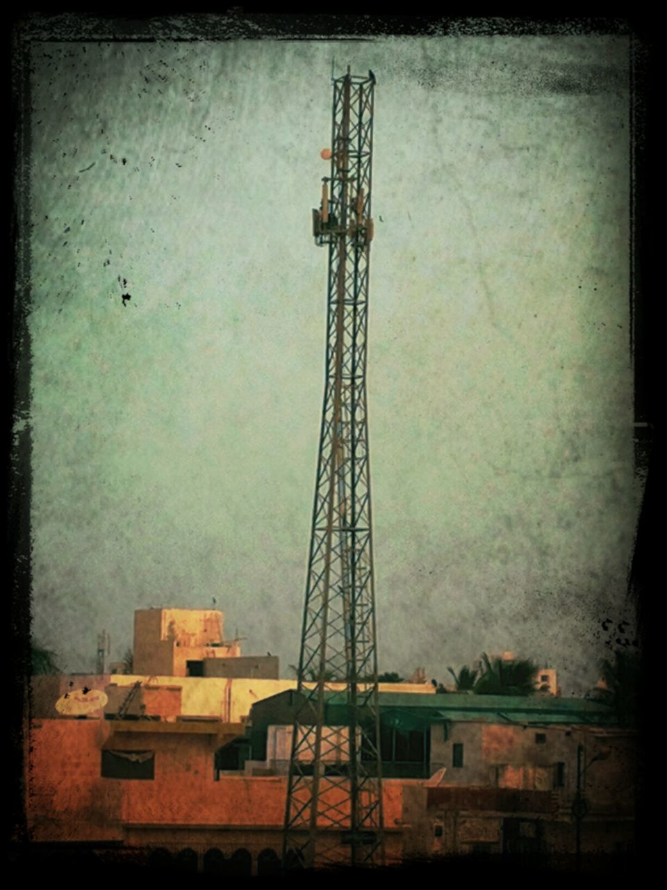 transfer print, auto post production filter, built structure, architecture, building exterior, low angle view, sky, construction site, metal, outdoors, day, industry, no people, connection, technology, development, fuel and power generation, building, residential structure, house