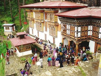 High angle view of people on wall