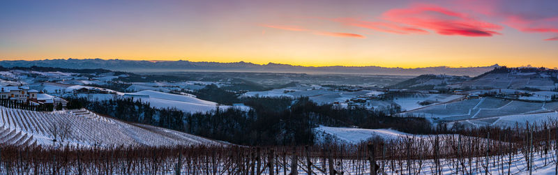 Scenic view of snowcapped mountains against sky during sunset