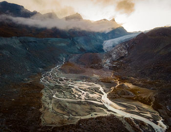 Drone photo of a glacier in valais alps in switzerland