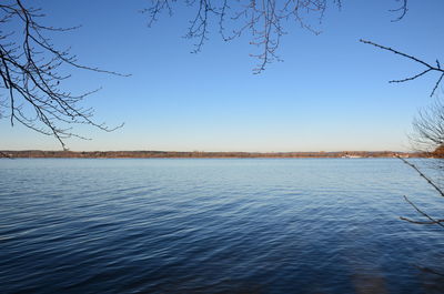 Scenic view of lake against clear blue sky