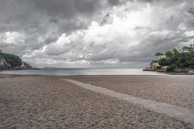 Scenic view of beach and sea against cloudy sky