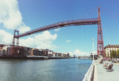 Vizcaya bridge over river against sky at portugalete