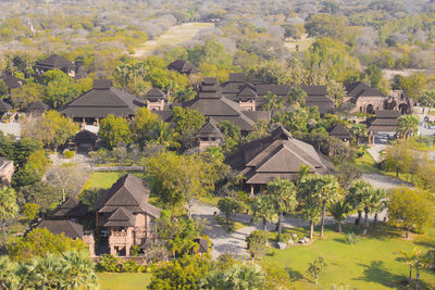 High angle view of houses and trees in village