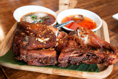 Close-up of meal served on table