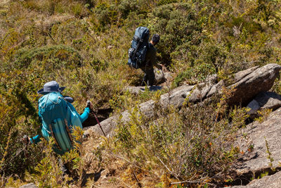 Rear view of people on rocks