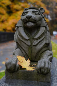 Close-up of statue in park during autumn