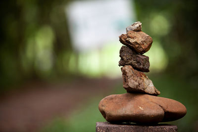 Close-up of stone stack on rock