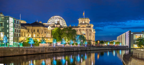 Reflection of illuminated building in water