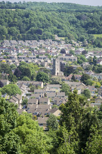 High angle view of buildings in town