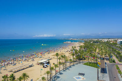 High angle view of beach against blue sky