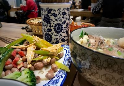 Close-up of food served on table