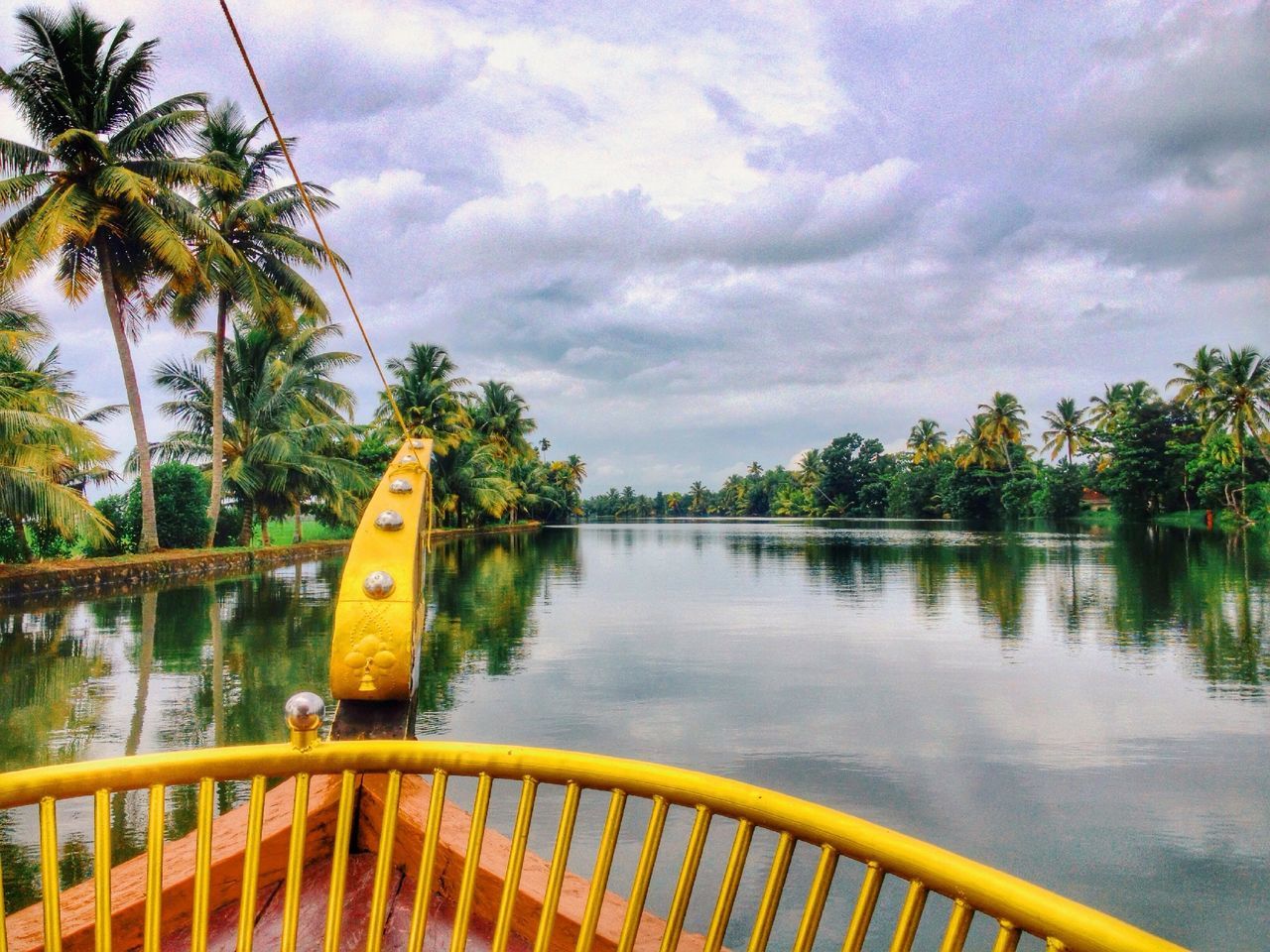 tree, sky, water, cloud - sky, palm tree, tranquility, tranquil scene, nature, scenics, beauty in nature, cloud, cloudy, railing, lake, growth, reflection, idyllic, outdoors, pier, day