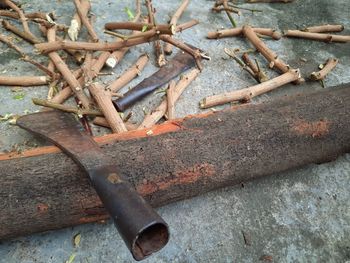 High angle view of old rusty log