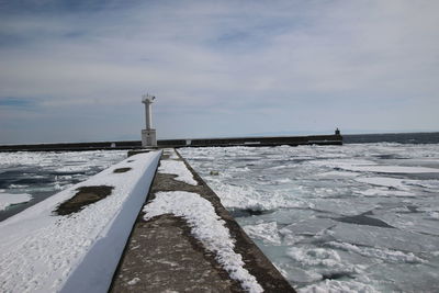 Lighthouse by sea against sky