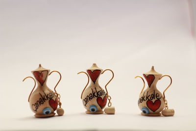 Close-up of objects on table against white background