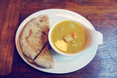 Close-up of soup in bowl on table