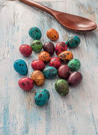 High angle view of easter eggs on table