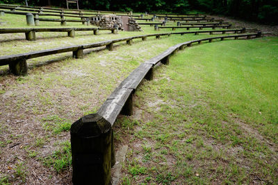 Empty footpath amidst plants on field