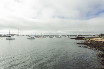 Sailboats moored on sea against sky in city