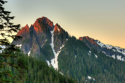 Scenic view of trees on mountains against clear sky during sunset