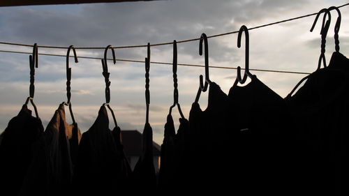 Close-up of silhouette drying against sky at sunset