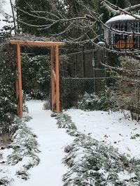 Snow covered field by trees