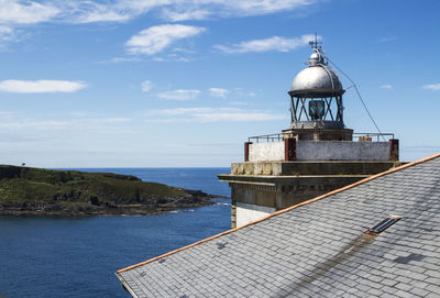 Lighthouse by sea against sky