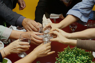 Cropped image of friends toasting at table