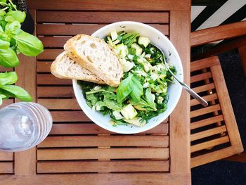 High angle view of salad in bowl on table