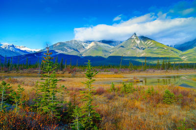 View of countryside landscape against mountain range