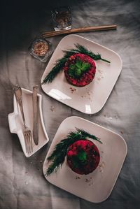 High angle view of fruits served in plate on table