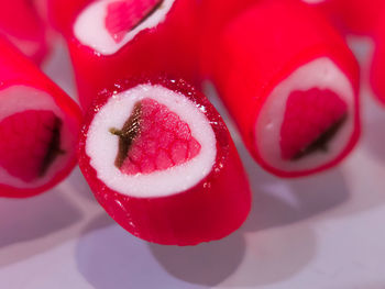 High angle view of strawberry on cake