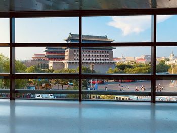 Building seen through glass window