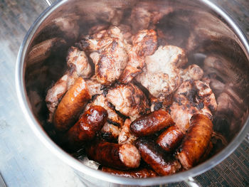 High angle view of meat in bowl on table