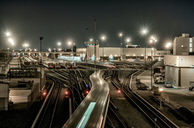 Blurred motion of train at yard