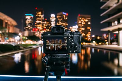 Close-up of illuminated camera